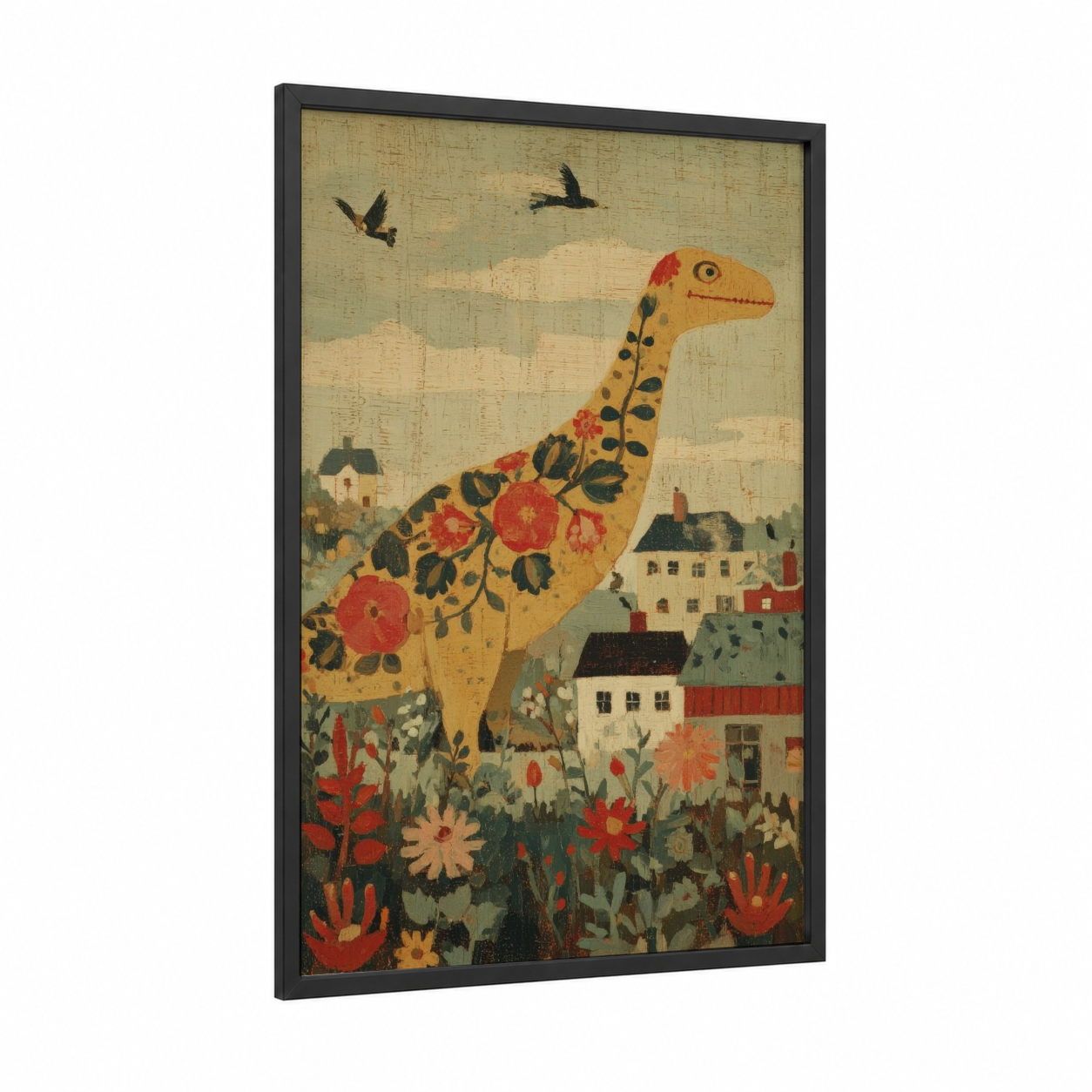 Garden Dinosaur framed art print — black wood frame — red and sage green palette