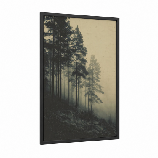 Misty Pine Forest framed art print — black wood frame — cream and gray palette