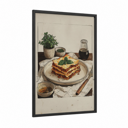 Layered Lasagna framed pasta print — black wood frame — cream and russet palette