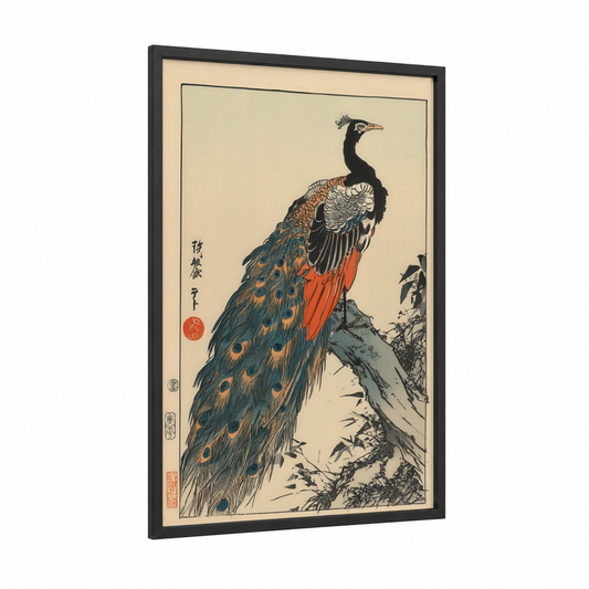 Regal Peacock Portrait framed art print — black wood frame — dark green and gold palette