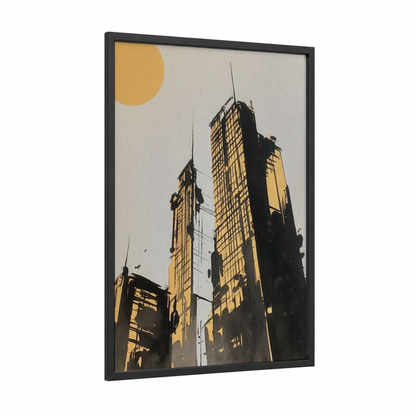 Golden Skyline framed abstract architecture print — black wood frame — gold and black palette