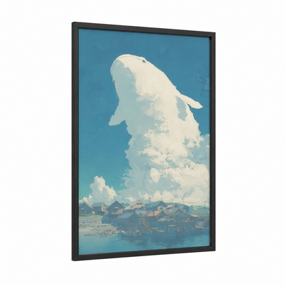 Arctic Whale framed beluga whale print — black wood frame — blue and white palette