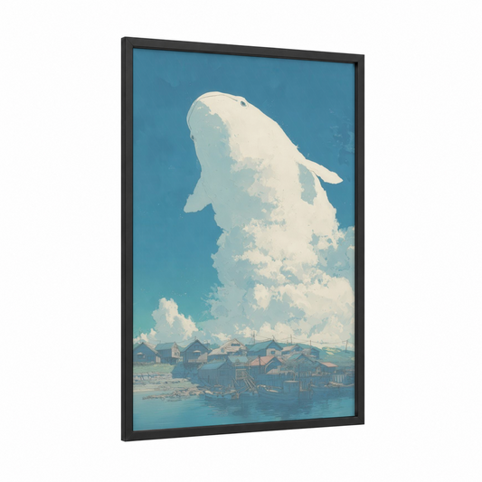 Arctic Whale framed beluga whale print — black wood frame — blue and white palette