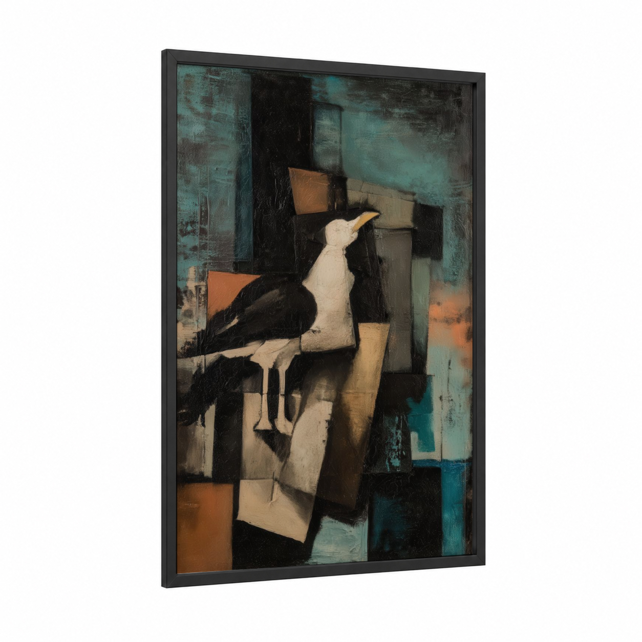 Urban Seagull framed art print — black wood frame — teal and black palette