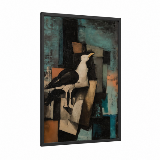 Urban Seagull framed art print — black wood frame — teal and black palette