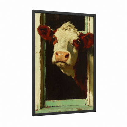 Barn Window Hereford framed hereford cow print — black wood frame — cream and maroon palette