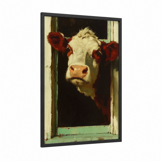 Barn Window Hereford framed hereford cow print — black wood frame — cream and maroon palette