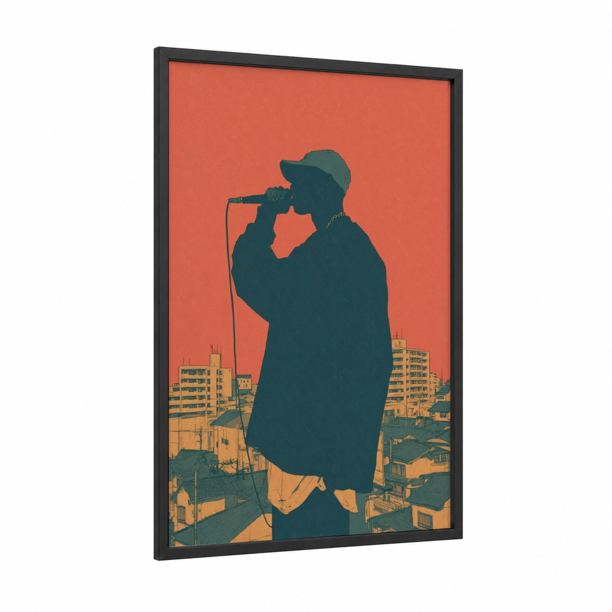 Urban Mic Silhouette framed hiphop print — black wood frame — orange and teal palette