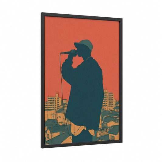 Urban Mic Silhouette framed hiphop print — black wood frame — orange and teal palette