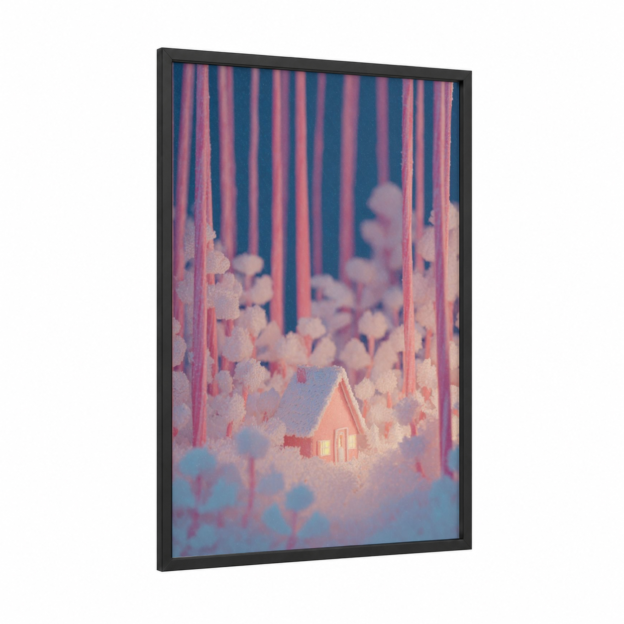 Snowy Fairytale Cottage framed art print — black wood frame — pink and blue palette