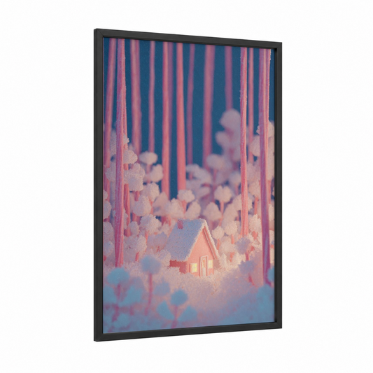 Snowy Fairytale Cottage framed art print — black wood frame — pink and blue palette