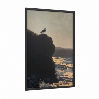 Cliff Sentinel Seagull framed art print — black wood frame — gray and gold palette