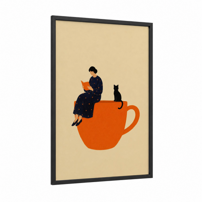 Woman Reading With Cat On Coffee Cup Wall Art framed art print — black wood frame — orange and beige palette