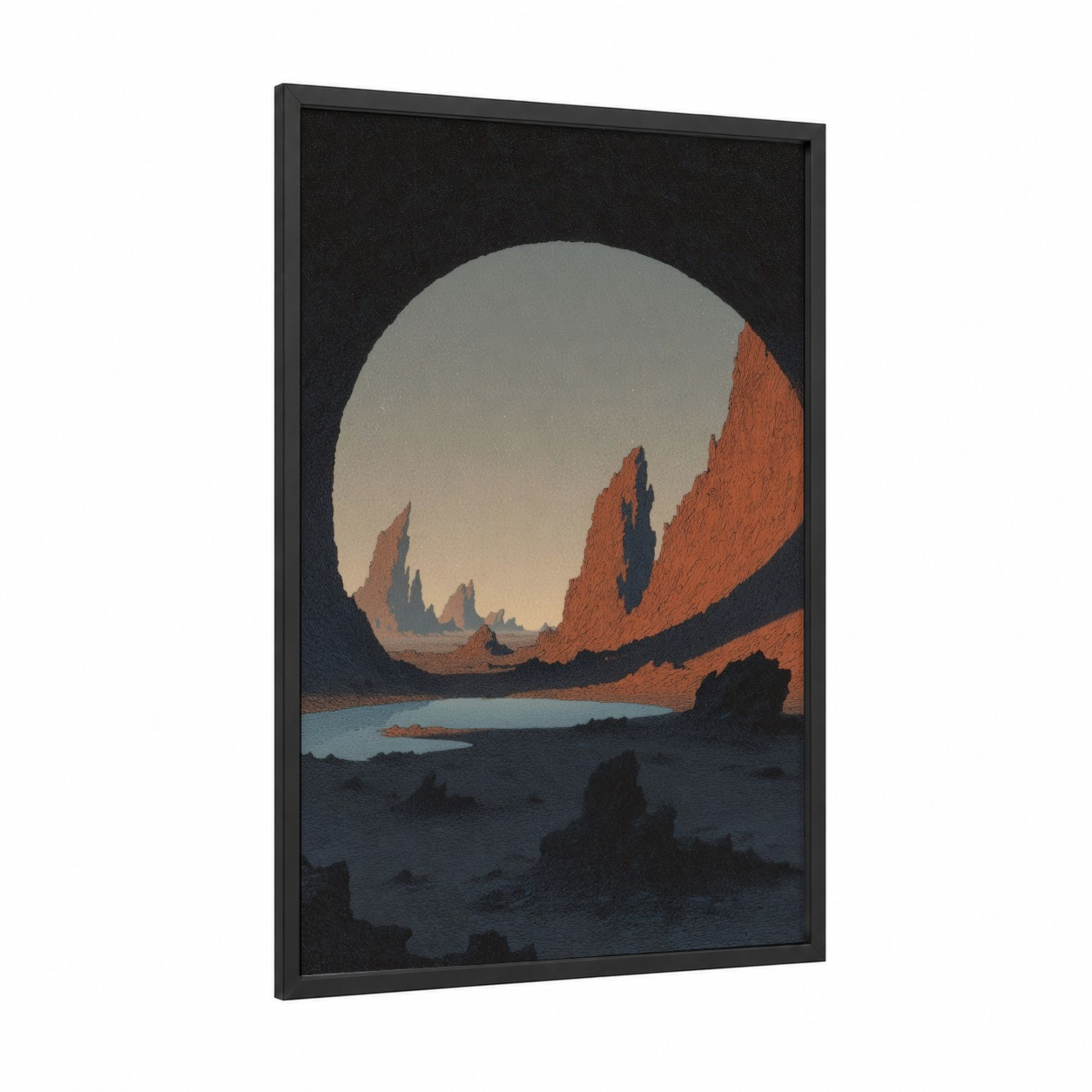 Crimson Canyon Gateway framed dark fantasy print — black wood frame — russet and gray palette