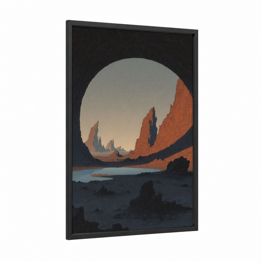 Crimson Canyon Gateway framed dark fantasy print — black wood frame — russet and gray palette