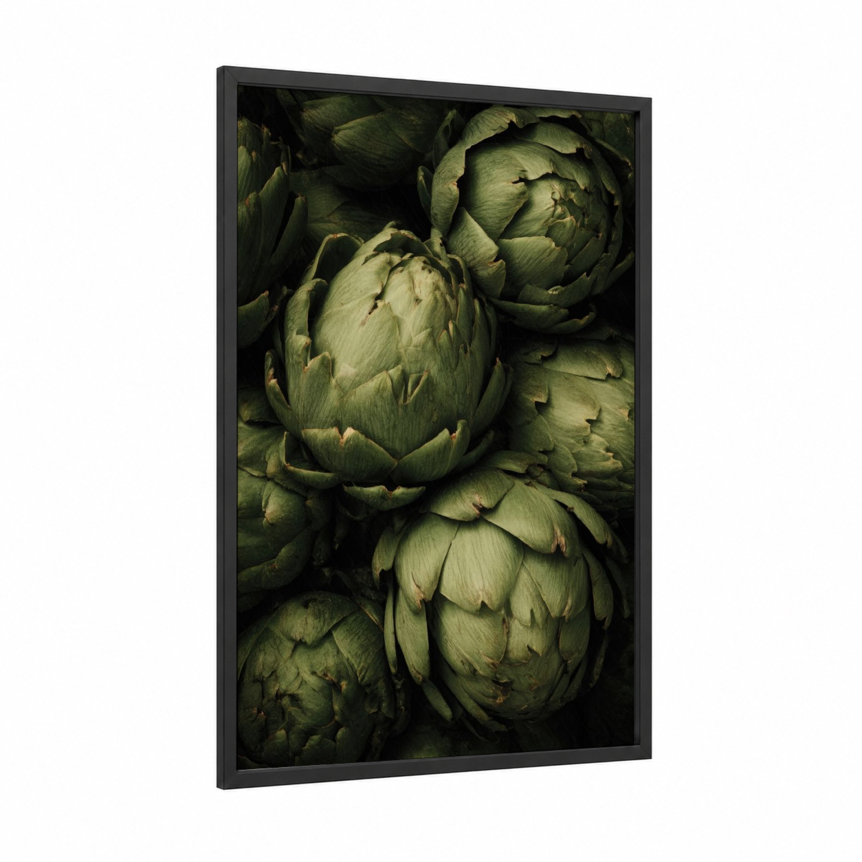 Artichoke Still Life framed vegetable print — black wood frame — sage green and olive palette