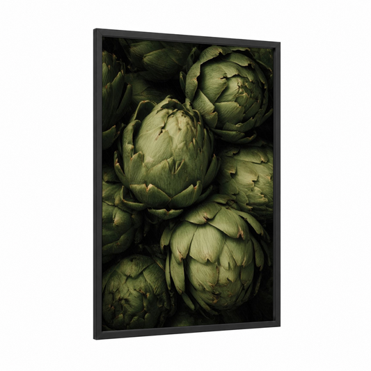 Artichoke Still Life framed vegetable print — black wood frame — sage green and olive palette