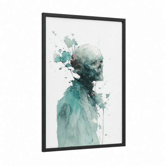 Ethereal Zombie framed art print — black wood frame — teal and sage green palette