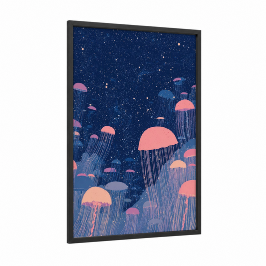 Cosmic Jellyfish framed galaxy print — black wood frame — dark blue and salmon pink palette
