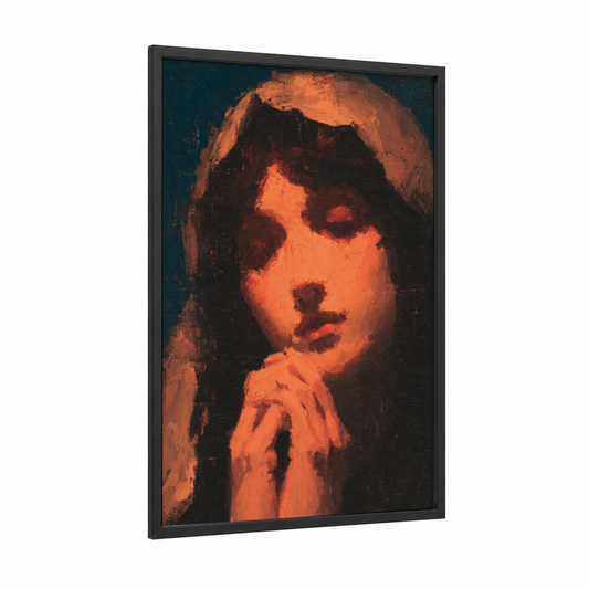 Contemplative Magdalena framed mary magdalena print — black wood frame — orange and dark blue palette