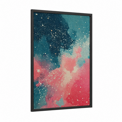 Cosmic Nebula framed galaxy print — black wood frame — teal and salmon pink palette