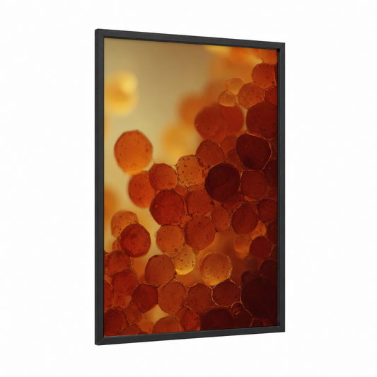 Amber Beadwork framed art print — black wood frame — gold and red palette