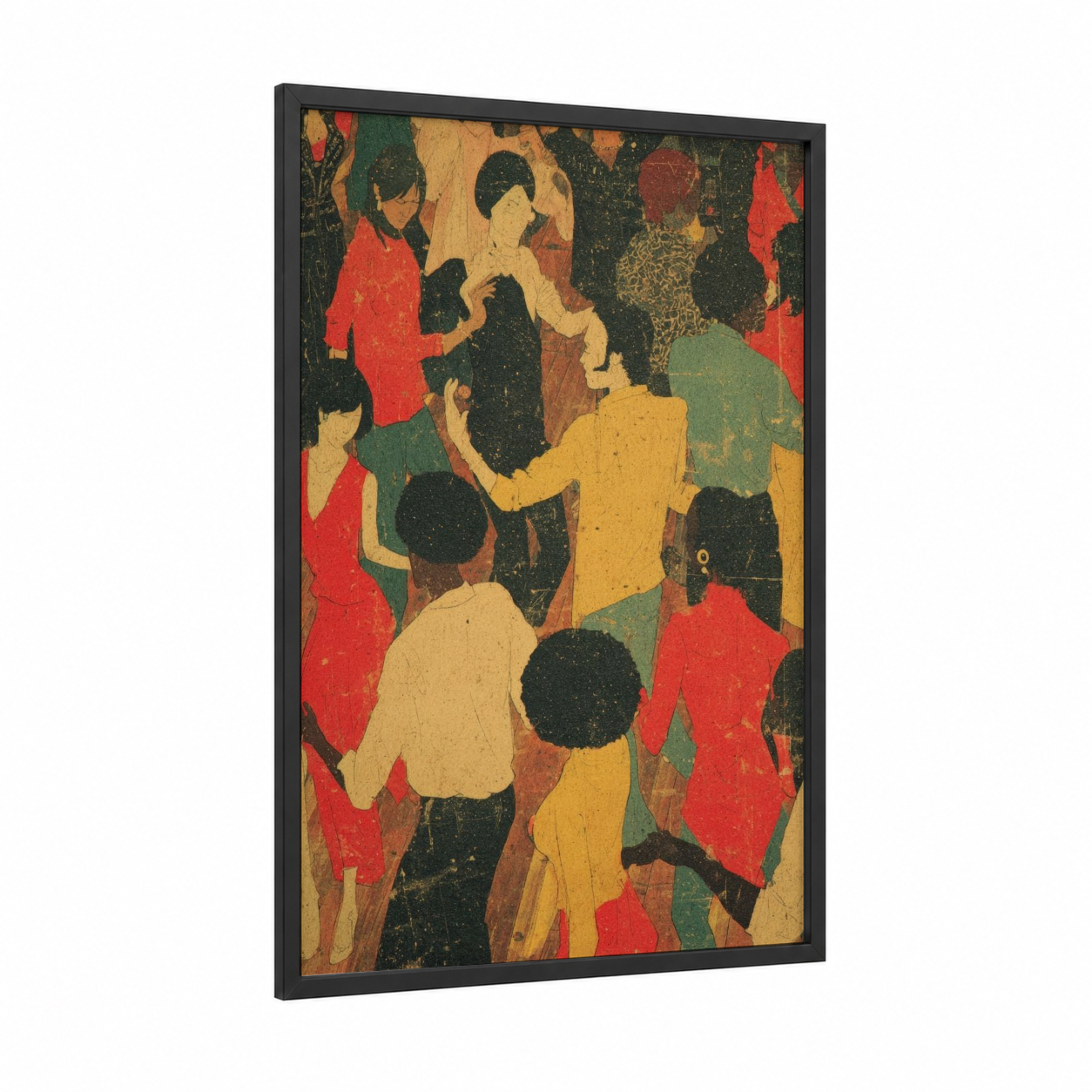 Funk Dance Party framed art print — black wood frame — red and yellow gold palette