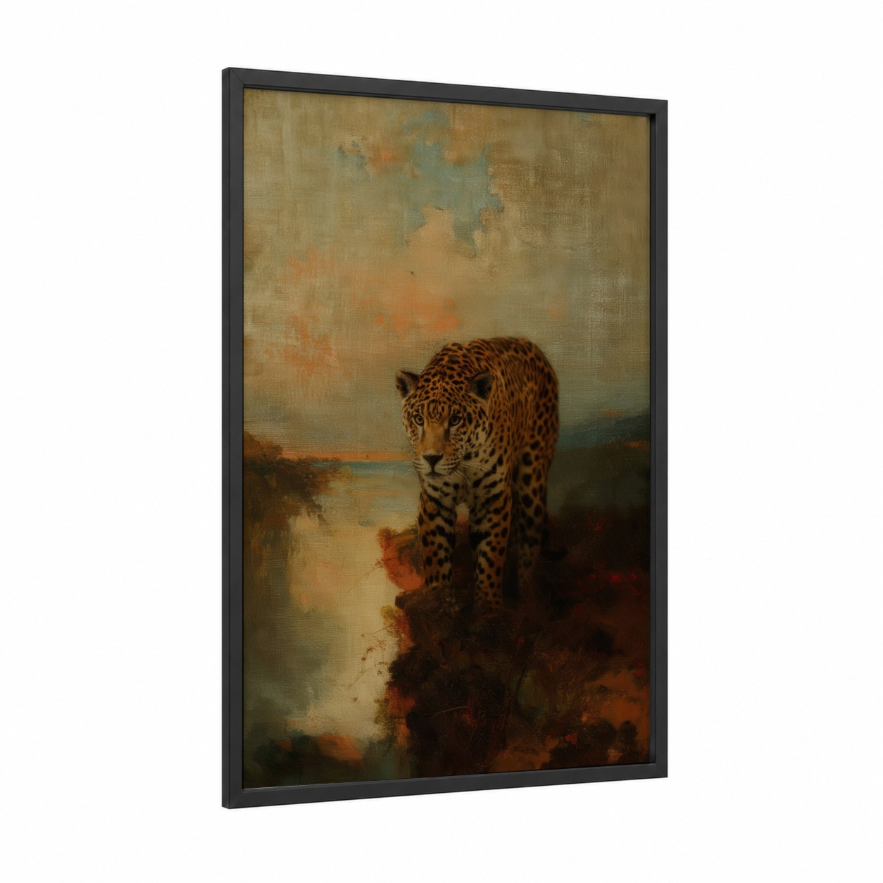 Twilight Jaguar framed art print — black wood frame — brown and gold palette