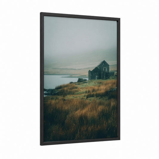 Moody Island Ruins framed art print — black wood frame — gray and yellow and teal palette