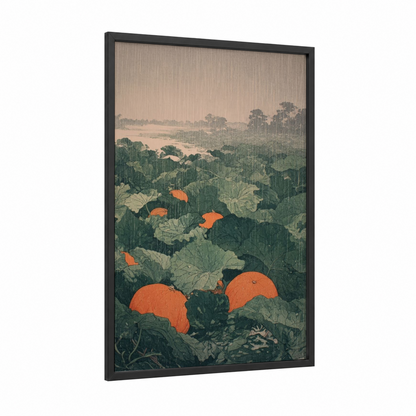 Rainy Pumpkin Patch framed fruit print — black wood frame — sage green and orange palette