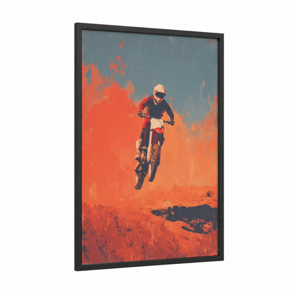 Airborne Motocross framed art print — black wood frame — red and orange palette