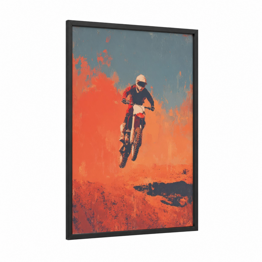 Airborne Motocross framed art print — black wood frame — red and orange palette