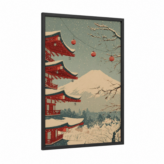 Snowy Mount Fuji framed art print — black wood frame — sage green and cream palette