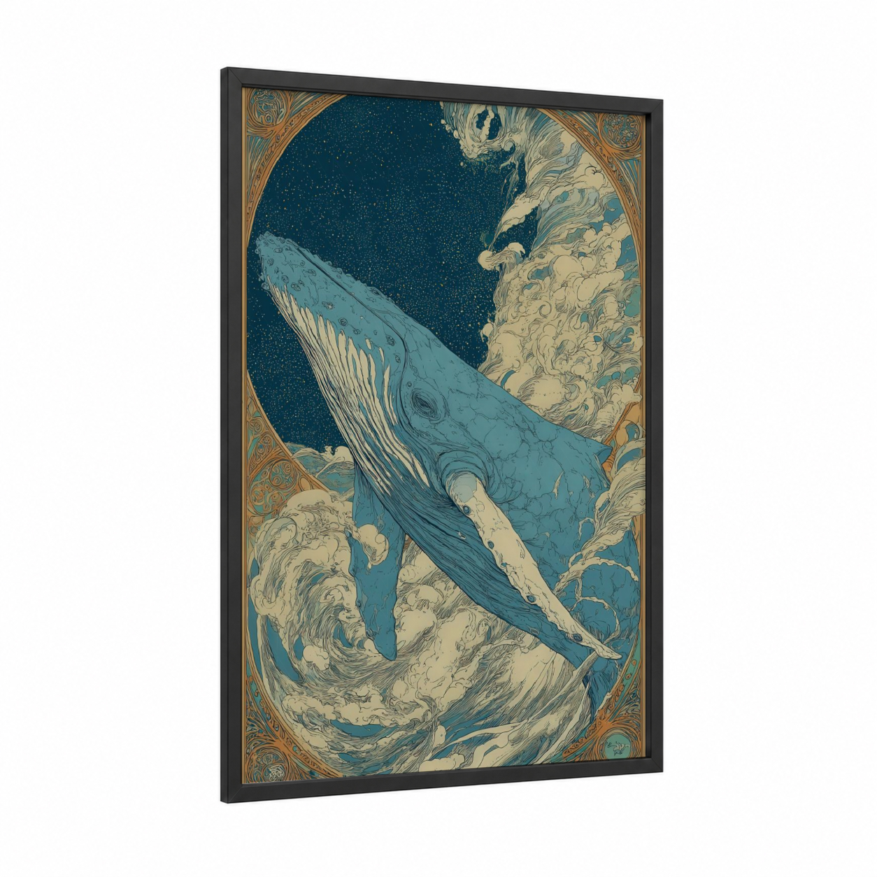 Celestial Whale framed blue whale print — black wood frame — teal and gold palette