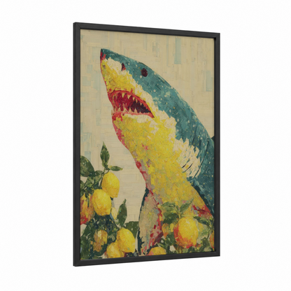 Citrus Lemon Shark framed art print — black wood frame — yellow gold and teal palette