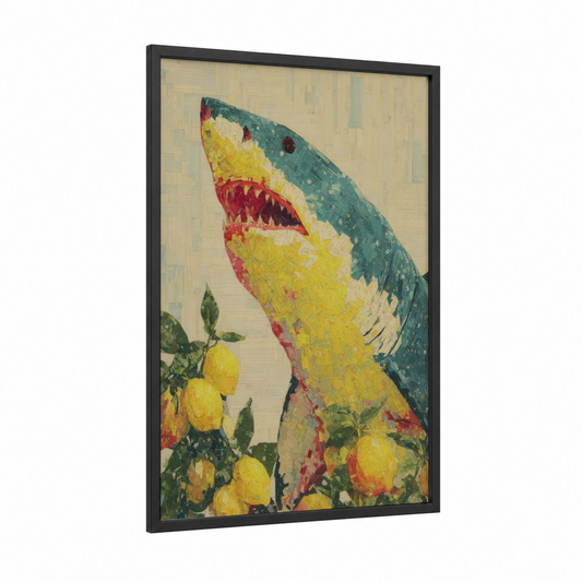 Citrus Lemon Shark framed art print — black wood frame — yellow gold and teal palette
