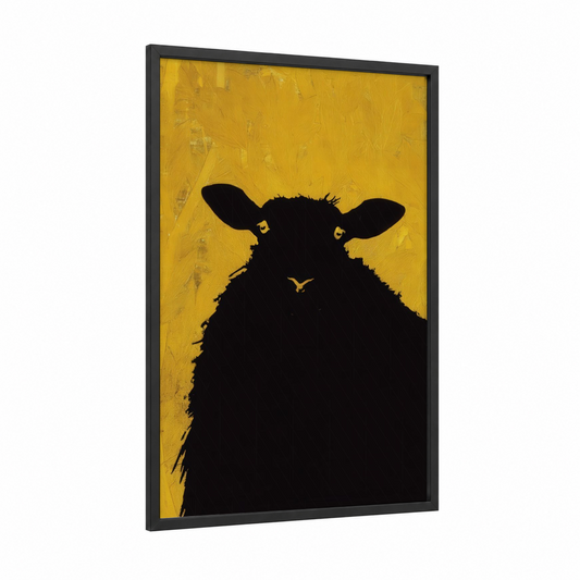 Golden Sheep Portrait framed art print — black wood frame — yellow gold and black palette