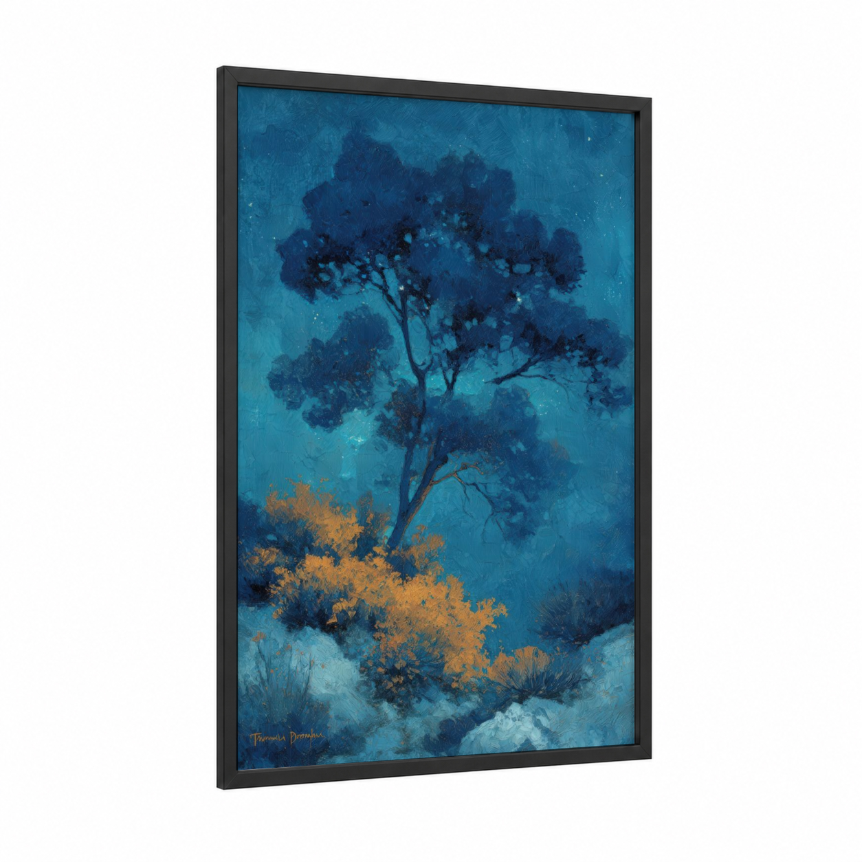 Midnight Desert Tree framed savanna and desert trees print — black wood frame — blue and gold and teal palette