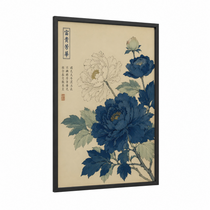 Japanese Peony Blossoms Wall Art framed art print — black wood frame — blue and beige palette