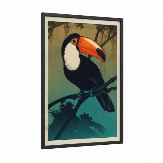 Tropical Toucan framed art print — black wood frame — gold and teal palette