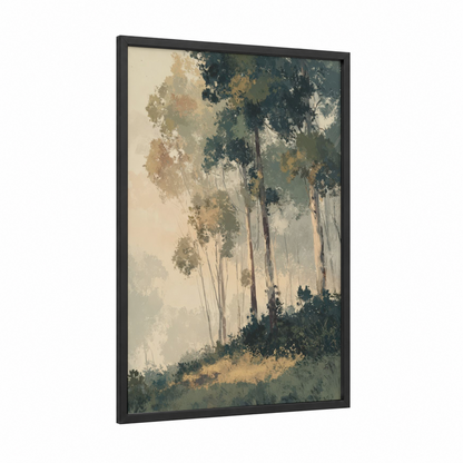 Misty Eucalyptus Forest framed art print — black wood frame — sage green and cream palette