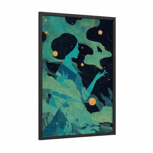 Cosmic Dreamer framed magic and witchcraft print — black wood frame — teal and gold palette