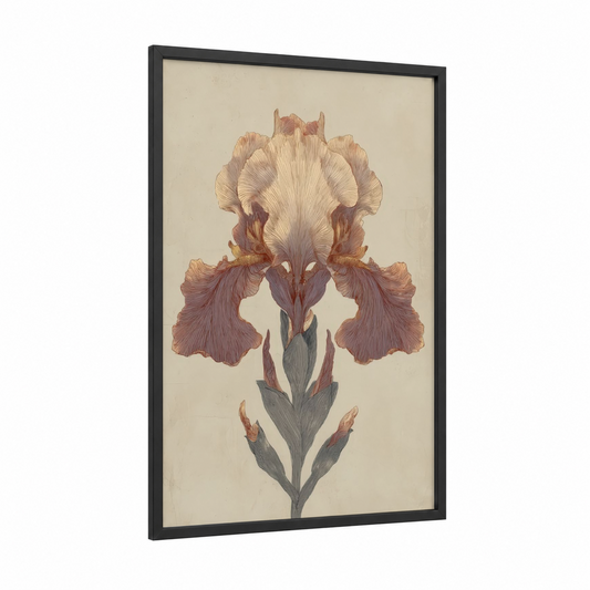 Burgundy Iris Study framed art print — black wood frame — cream and maroon palette