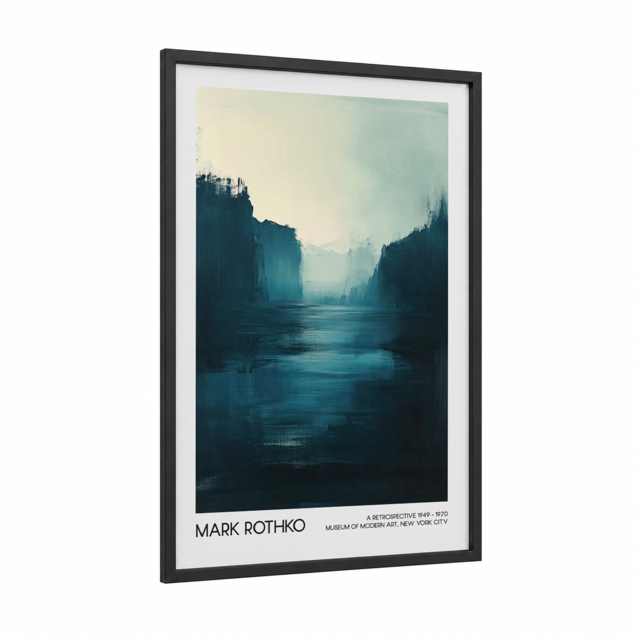 Misty Canyon Vista framed abstract classic print — black wood frame — dark blue and teal palette