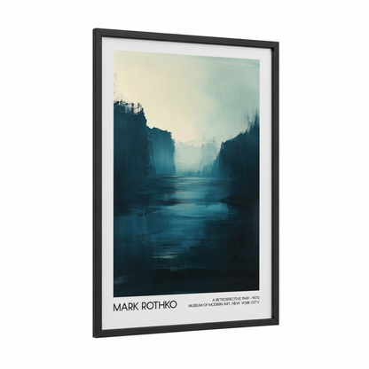 Misty Canyon Vista framed abstract classic print — black wood frame — dark blue and teal palette