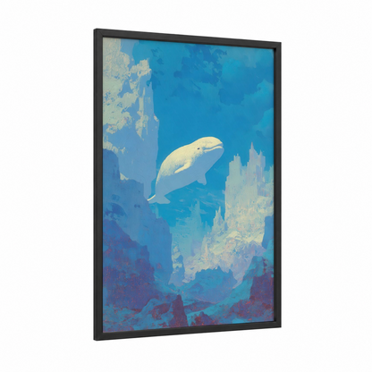 Arctic Beluga Whale framed art print — black wood frame — blue and cream palette