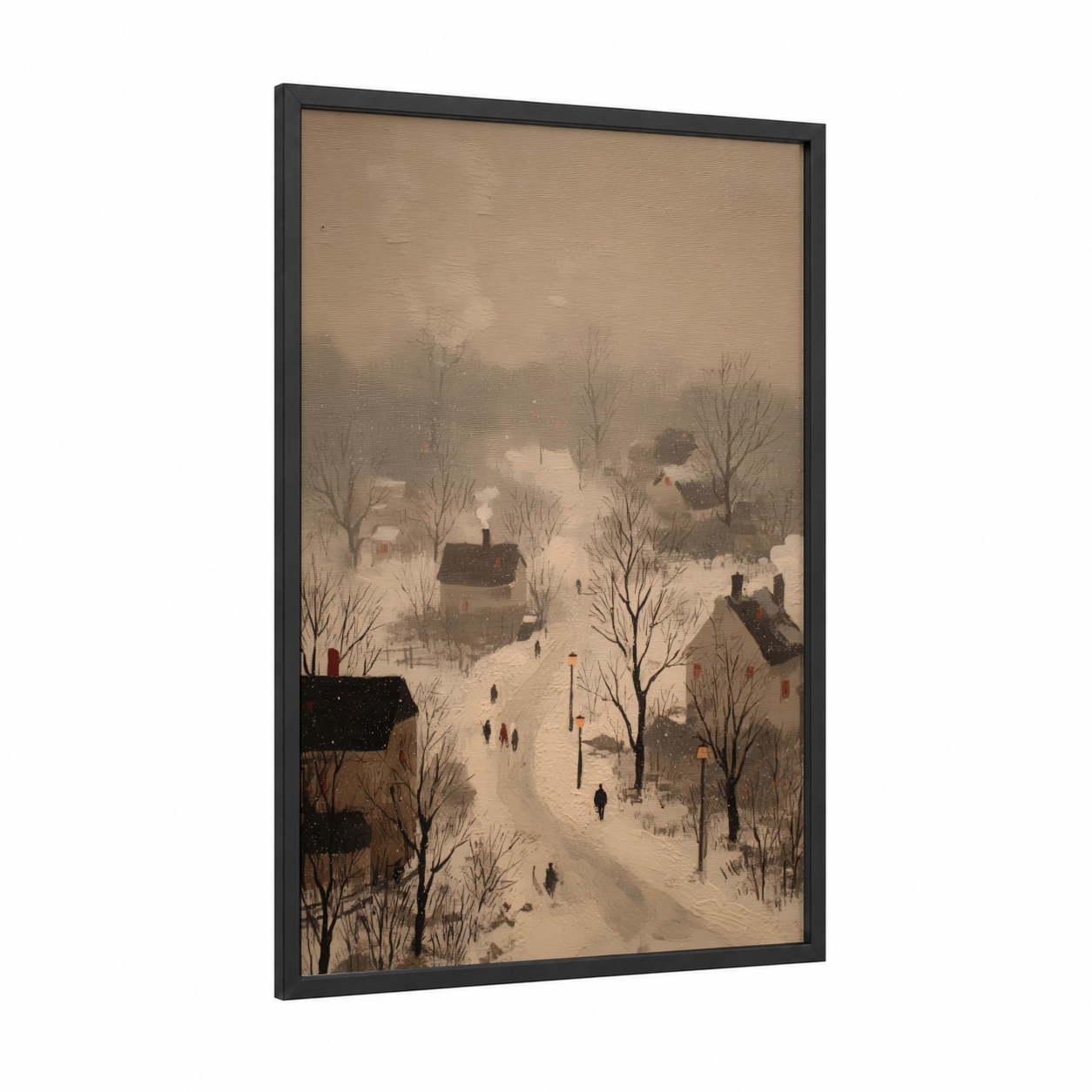 Snowy Village Road framed road and highways print — black wood frame — cream and gray palette