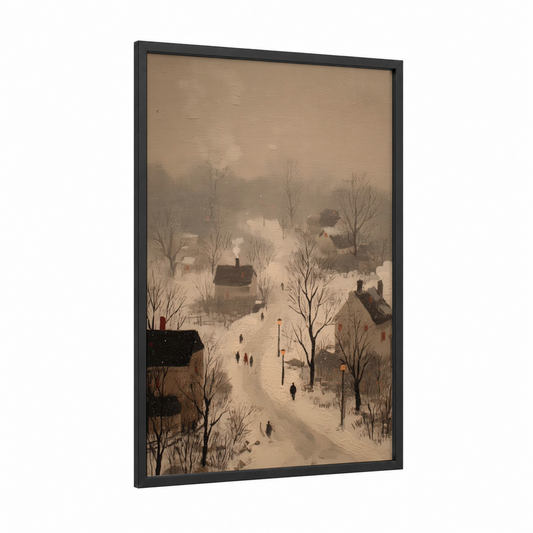 Snowy Village Road framed road and highways print — black wood frame — cream and gray palette