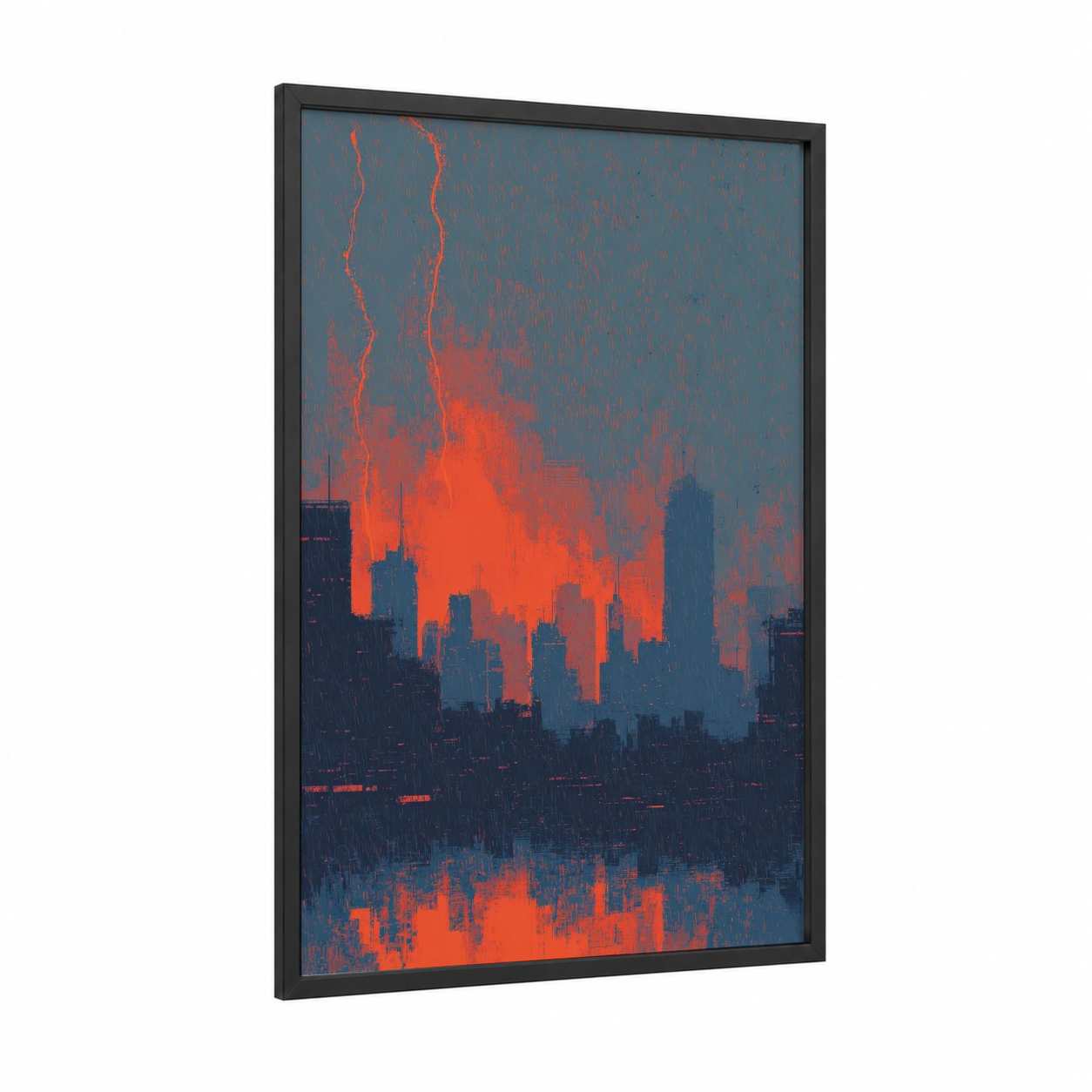 Crimson Storm Skyline framed lightning print — black wood frame — red and dark blue palette