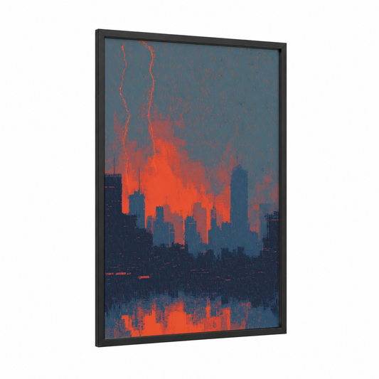 Crimson Storm Skyline framed lightning print — black wood frame — red and dark blue palette